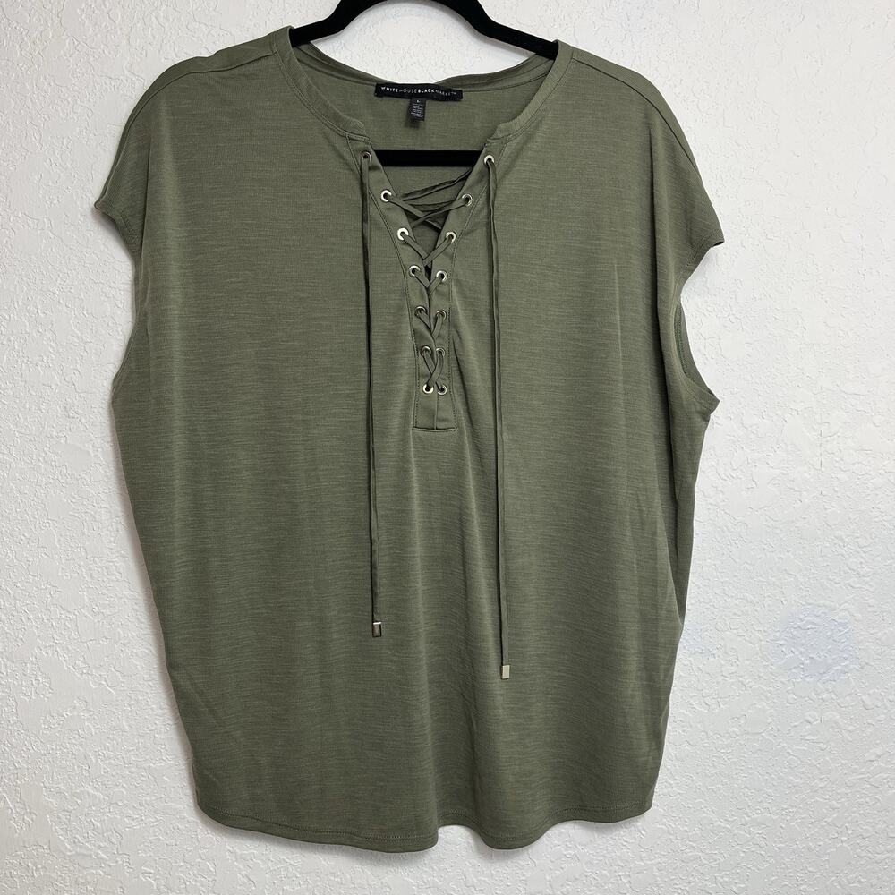 WHBM White House Black Market Olive Green Blouse Size L, Lace up V-Neck, casual